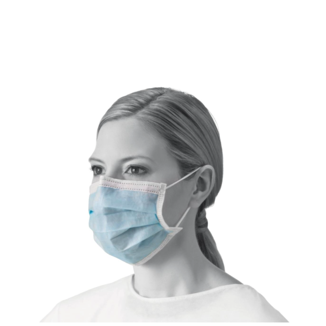 A woman with light hair tied back is wearing a Medline ASTM Level 1 Procedure Face Mask with Ear Loops, looking slightly to the side against a plain white background.